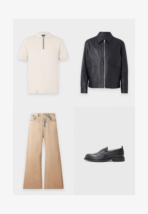 Fekete bőrdzseki, galléros nyakkal, elöl cipzárral záródik, és két nagy mellzsebe van. Simának érző anyag, testhezálló fazon.; Krém színű, rövid ujjú pólóing, hegyes gallérral, cipzáras gombolással, fekete és fehér csíkokkal, texturált anyagból készítve.; Beige széles lábú farmer, megfakult textúrával, öt zsebes kialakítással és varrással a varratok mentén. A derék hagyományos gombos záródással rendelkezik.; Fekete bőr loaferek sima felülettel, lapos talppal és kerek orral, dekoratív pánttal a felső részen.
