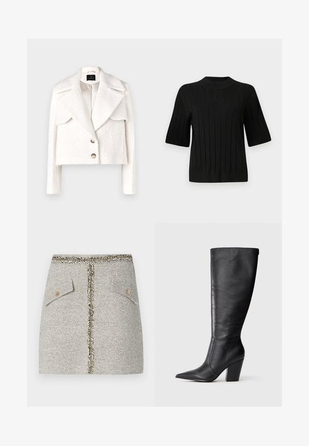 Bruuns Bazaar GAZANIABBNOVIS JACKET - Winterjas - white cream; Zwarte korte mouwen sweater met geribbelde structuur en een hoge halslijn, met verticale lijnen en een aansluitende pasvorm.; Geweven tweed rok in een zwart-wit visgraatpatroon, met twee voorzakken en een gouden rits aan de achterkant met rafelige randen.; Zwarte leren kniehoge laars met puntige neus en chunky hoge hak, getoond in zijaanzicht aan de linkerkant op een witte achtergrond.
