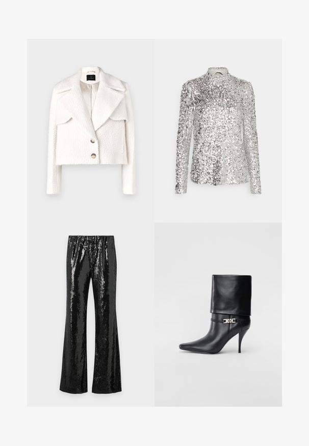 Bruuns Bazaar GAZANIABBNOVIS JACKET - Chaqueta de invierno - white cream; Top de lentejuelas plateadas de manga larga con un diseño ajustado, cuello alto y un patrón texturizado, que presenta una distribución uniforme de lentejuelas en toda la tela.; Pantalones de lentejuelas negros con un diseño acampanado, que cuentan con una cinturilla elástica y una textura brillante que refleja la luz. Patrón vertical de lentejuelas.; Botín de cuero negro hasta el tobillo con punta afilada, tacón alto de aguja, puño doblado y un detalle decorativo de hebilla dorada en el tobillo.