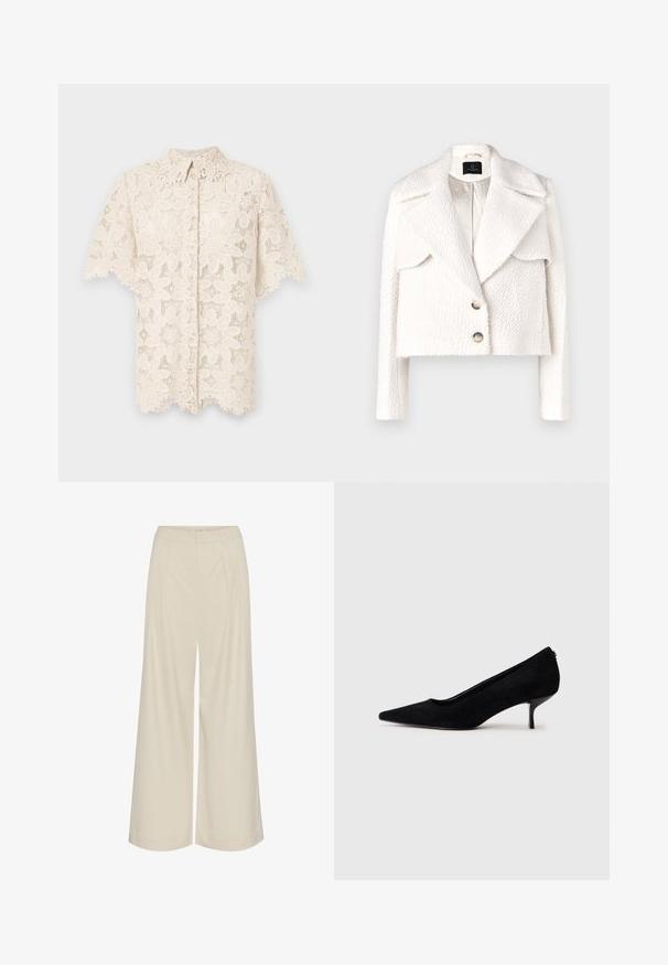 Bruuns Bazaar GAZANIABBNOVIS JACKET - Vinterjakke - white cream; Bluse i kremfarge i blonde, med blomsterbroderte mønstre, krage, korte ermer og bølget kantdetalj. Knappelukking foran.; Bredde benbukser i en lys beige stoff, med folder, høy midje og en jevn tekstur uten synlige dekorasjoner.; Sorte semskede høyhælte sko med spiss tå og slank, lav hæl. Glatt tekstur med et elegant design, uten synlig maskinvare.