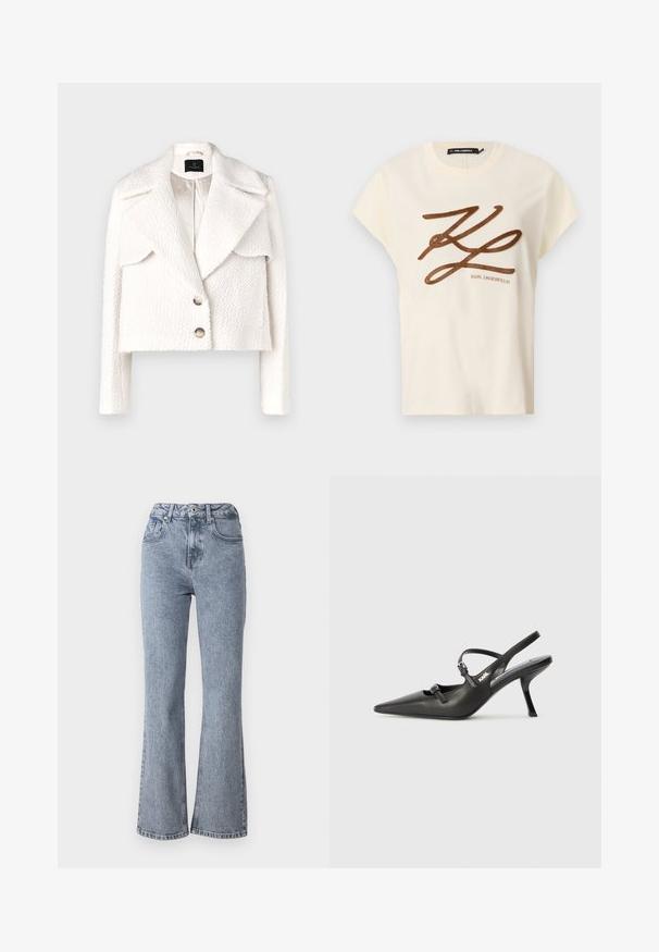 Bruuns Bazaar GAZANIABBNOVIS JACKET - Žieminė striukė - white cream; Kreminės spalvos medvilninė marškinė su trumpomis rankovėmis, priekyje papuoštos rudai siuvinėjamu logotipu ir užrašu.; Mėlynos džinsinės kelnės su platėjančiomis apačiomis, aukštu liemeniu, priekinėmis kišenėmis ir klasikinio penkių kišenių dizainu, su švelniu blukimu.; Juodi odiniai slingback kulniukai su smailiu pirštu, siauru kulnu ir dekoratyvine sagtimi viršuje. Lygus paviršius ir elegantiškas dizainas.