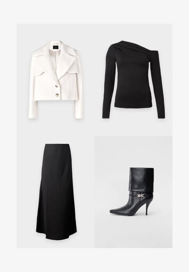 Bruuns Bazaar GAZANIABBNOVIS JACKET - Vinterjakker - white cream; Sort langærmet top med asymmetrisk halsudskæring, der har én skulder eksponeret og blød drapering henover brystet.; Sort midi-nederdel med en glat tekstur, designet med høj talje og en sidelægning, prydet med en simpel, udekoreret silhuet.; Sort læder ankelstøvle med spids tå, høj stiletto hæl, fold-over manchet og en guld dekoreret spænde detalje på anklen.
