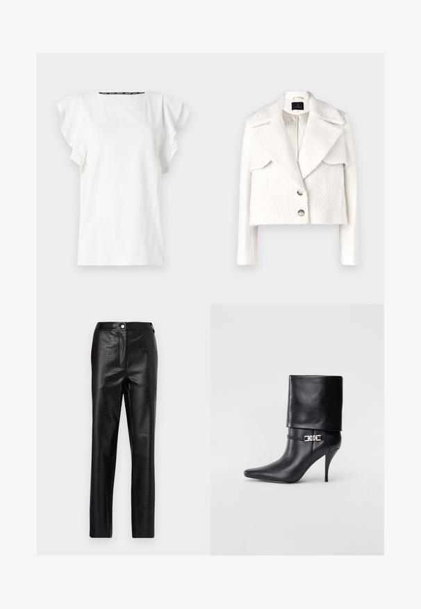 Bruuns Bazaar GAZANIABBNOVIS JACKET - Vinterjacka - white cream; Vit bomullströja med volangärmar och rund halsringning. Diskret varumärke framtill, mjuk textur och avslappnad passform.; Svart fusk-läderbyxor med krokodilmönster, slim fit, rak ben-design, med knappstängning fram och standard midjeband.; Svart läderankelstövel med spetsig tå, hög stilettklack, vikbar mudd och ett dekorativt guldfärgat spänne på ankeln.