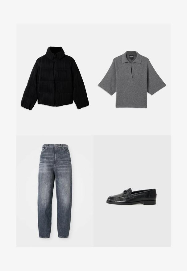 Black puffer jacket with a cropped silhouette, featuring a high collar, zip closure, and vertical ribbed texture. Soft fabric.; Gray knit pullover with a collar, half-open neckline, and wide sleeves. Soft texture and relaxed silhouette for comfort.; Dark blue jeans made of denim, featuring a loose fit, straight leg design, and subtle fading. Standard five-pocket style with a button closure.; Black leather loafers with a smooth upper, embossed linear pattern, and a decorative buckle accent on the vamp. Low, block heel.