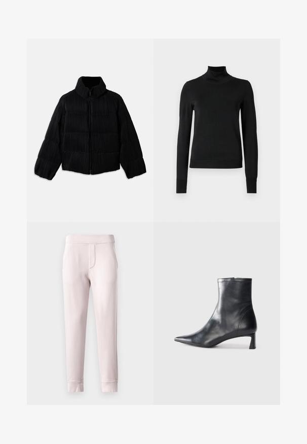 Black puffer jacket with a cropped silhouette, featuring a high collar, zip closure, and vertical ribbed texture. Soft fabric.; Black long-sleeve turtleneck sweater with ribbed cuffs and hem, displayed on a plain white background.; Light pink sweatpants made of soft material, featuring an elastic waistband, side pockets, and ribbed cuffs at the ankle.; Black leather ankle boot with a pointed toe and a sleek design. Features a low heel and a zipper closure at the back. Smooth texture.