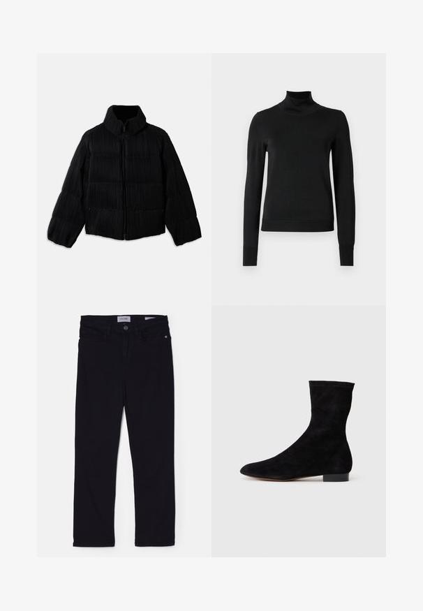 Fekete puffertakó rövidített siluettal, magas gallérral, cipzáros záródással és függőleges bordázott textúrával. Puha anyag.; Fekete, hosszú ujjú garbós pulóver bordás mandzsettákkal és aljjal, sima fehér háttér előtt bemutatva.; Fekete farmernadrág, slim fit szabással, elülső gombos zárással, övhurkokkal és elülső zsebekkel. Puha anyag, sima textúrával.; Fekete velúr bokacsizma, illeszkedő szárral, hegyes orral és alacsony blokk sarokkal. Simább felület és minimalista dizájn, amely sokoldalú stílushoz megfelelő.