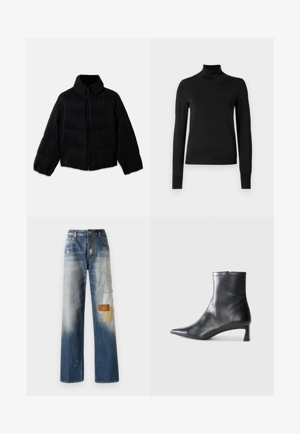 Fekete puffertakó rövidített siluettal, magas gallérral, cipzáros záródással és függőleges bordázott textúrával. Puha anyag.; Fekete, hosszú ujjú garbós pulóver bordás mandzsettákkal és aljjal, sima fehér háttér előtt bemutatva.; Kék farmernadrág, laza szabással, megfakult részekkel és különféle textúrájú barna és bézs foltokkal a bal lábon. Enyhe kopás látható.; Fekete bőr bokacsizma hegyes orral és letisztult dizájnnal. Alacsony sarka és hátsó cipzáras záródása van. Simának tűnő textúra.
