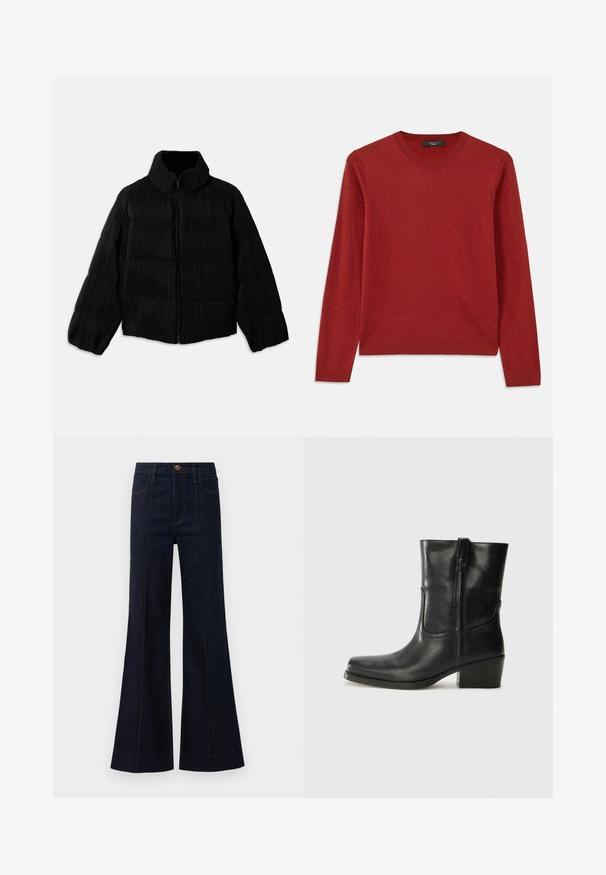 Casaco puffer preto com um silhueta corta, apresentando um colarinho alto, fecho de correr e textura canelada vertical. Tecido macio.; Sweater vermelho de mangas longas com decote redondo. Feito de um tecido macio, apresenta punhos e barra canelados, textura suave e detalhes mínimos.; Jeans de ganga azul escuro com corte flare e cintura alta, com bolsos frontais e costura visível. O tecido tem uma textura suave e uma forma estruturada.; Bota de tornozelo em couro preto com bico arredondado, salto bloco, fecho lateral e detalhes em costura na parte frontal. Textura suave, design clássico.