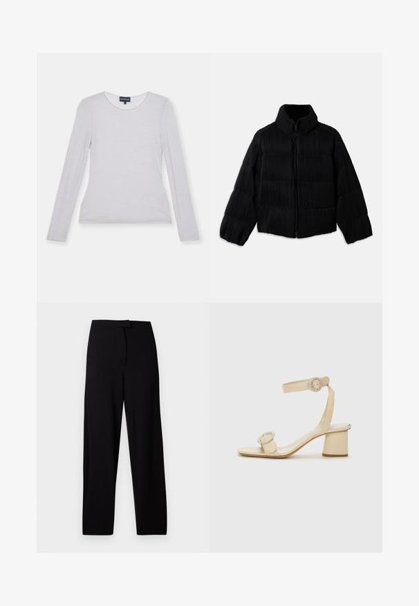 Veste en duvet noire avec une silhouette cintrée, dotée d'un col haut, d'une fermeture éclair et d'une texture côtelée verticale. Tissu doux.; Haut à manches longues, gris clair, en tissu doux avec un col rond et une coupe ajustée. Texture lisse, sans motifs ni accents visibles.; Pantalons larges noirs en tissu doux et extensible. Caractéristiques d'une taille lisse et sans coutures ni poches visibles. Design simple et polyvalent.; Sandales à talons hauts beiges au design minimaliste, dotées de deux accents circulaires et d'un talon épais. Fabriquées en cuir lisse.