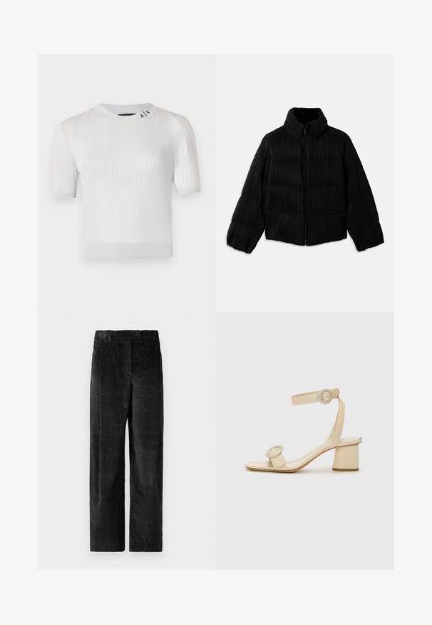 Juodas pūkinis švarkas su trumpa siluetu, turintis aukštą apykaklę, užtrauktuką ir vertikalią briaunotą tekstūrą. Minkšta medžiaga.; Balti trumpi rankovės ribotas megztinis su apvalia iškirpte, su logotipo detale šalia apykaklės ir lygiu, šiek tiek blizgiu paviršiumi.; Juodos, tekstūruotos plačios kelnės su išreikšta audimo struktūra, turinčios priekinę klostę ir plokščią juosmenį. Klasikinis dizainas, skirtas universalumui.; Šviesiai rudos spalvos aukštakulniai šlepetės minimalistiniu dizainu, su dviem apvaliais akcentais ir masyviu kulnu. Pagamintos iš lygaus odos.