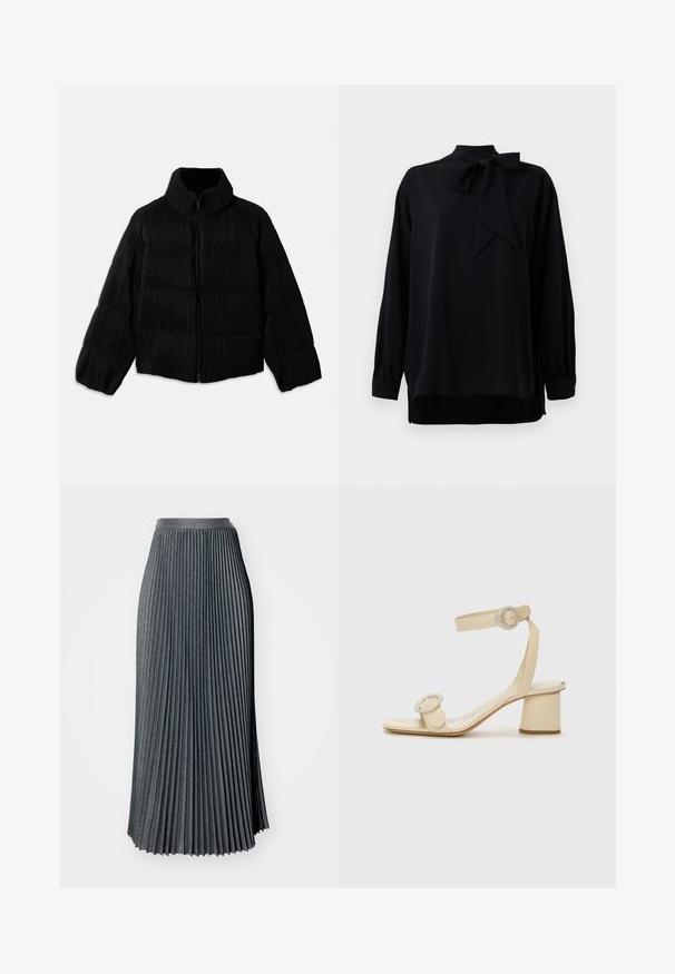 Černá péřová bunda s cropped siluetou, vysokým límcem, zipovým zapínáním a svislým žebrovaným vzorem. Měkká látka.; Černá blůza s vysokým límcem a detailem na mašličku. Dlouhé rukávy s manžetami. Vyrobena z hladkého materiálu s volným střihem.; Plisovaná maxi sukně v tmavě šedé barvě, vyrobená z texturované tkaniny se širokým pasem, s hlubokými vertikálními plisami po celé délce.; Béžové sandály na vysokém podpatku s minimalistickým designem, které mají dva kulaté akcenty a silný podpatek. Vyrobené z hladké kůže.