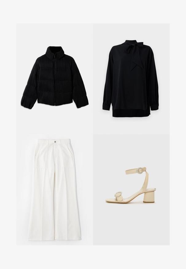 Zwarte pufferjack met een cropped silhouette, voorzien van een hoge kraag, ritssluiting en verticale geribbelde textuur. Zachte stof.; Zwarte blouse met hoge kraag en details van een strik. Lange mouwen met manchetten. Gemaakt van gladde stof met een relaxte pasvorm.; Witte wijde broek gemaakt van zachte stof, met voorzakken en een enkele knoopsluiting, met een nette, minimale uitstraling.; Beige hoge hakken sandalen met een minimalistisch ontwerp, voorzien van twee ronde accenten en een chunky hak. Gemaakt van soepel leer.