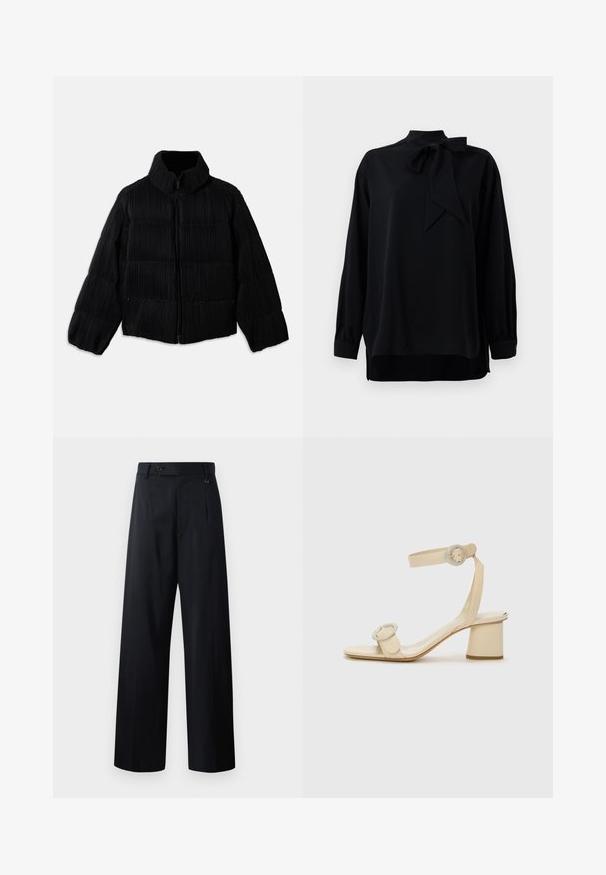 Czarna kurtka puchowa o krótkim fasonie, z wysokim kołnierzem, zapięciem na zamek i pionową prążkowaną teksturą. Miękka tkanina.; Czarna bluzka z wysokim kołnierzem i detalem w postaci kokardy. Długie rękawy z manszetami. Wykonana z gładkiego materiału o luźnym kroju.; Spodnie szerokie w ciemnym granacie, z zapięciem na guzik, przednimi zakładkami oraz gładkim materiałem o czystym, dopasowanym kroju.; Beżowe sandały na obcasie o minimalistycznym designie, z dwoma okrągłymi akcentami i szerokim obcasem. Wykonane z gładkiej skóry.