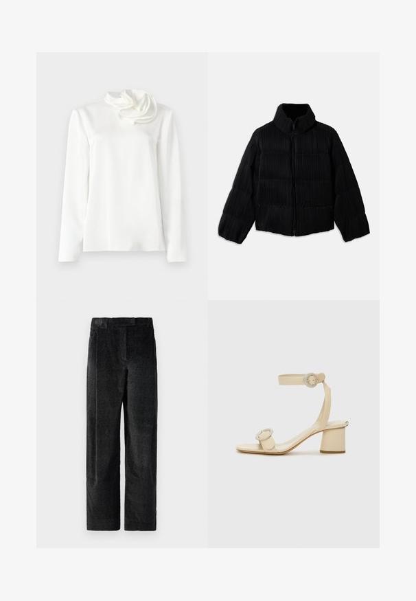 Čierna nafukovacia bunda s krátkym strihom, vybavená vysokým golierom, zipsovým zapínaním a vertikálnou ryhovanou textúrou. Mäkkučký materiál.; Biela blúzka s dlhým rukávom, vysokým golierom a veľkým kvetinovým detailom z látky na ľavom pleci, na jednoduchom pozadí.; Čierne, textúrované nohavice s širokými nohavicami a výrazným tkaním, s prednými skladmi a plochým pásom. Klasický dizajn pre všestrannosť.; Béžové sandále na podpätku so štvorcovou špičkou, nastaviteľným remienkom na členku a dvoma okrúhlymi prackami. Hladká kožená textúra a blokový podpätok.