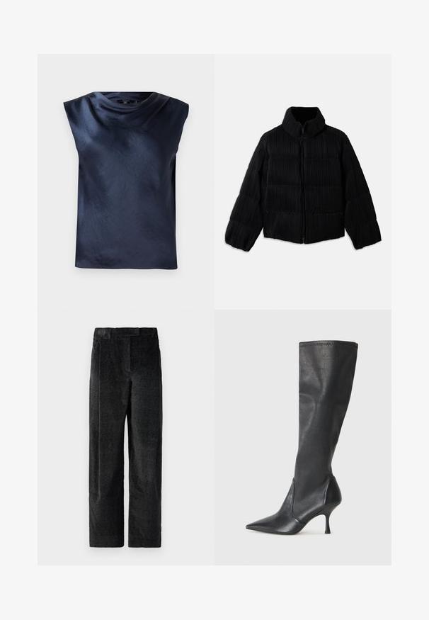 Czarna kurtka puchowa o krótkim fasonie, z wysokim kołnierzem, zapięciem na zamek i pionową prążkowaną teksturą. Miękka tkanina.; Granatowa, bezrękawnikowa bluzka z dekoltem w kształcie koca, wykonana z gładkiego, lekko błyszczącego materiału, z luźnym krojem i bez widocznych elementów metalowych.; Czarne, strukturalne spodnie z szerokimi nogawkami i wyraźnym splotem, z zaszewkami z przodu oraz płaskim pasem. Klasyczny design zapewniający wszechstronność.; Czarne skórzane botki do kolan z ostrym noskiem i wąskim obcasem w szpilkę. Gładka tekstura z dopasowanym krojem i przeszyciem na górnej krawędzi.