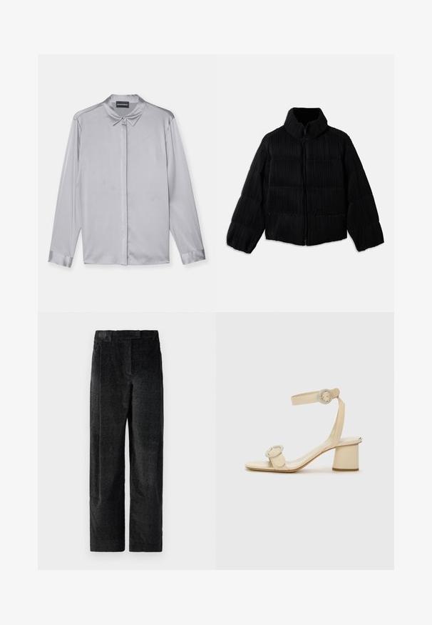 Black puffer jacket with a cropped silhouette, featuring a high collar, zip closure, and vertical ribbed texture. Soft fabric.; Emporio Armani Button-down blouse - misty grey; Black, textured wide-leg trousers with a pronounced weave, featuring front pleats and a flat waistband. Classic design for versatility.; Beige high-heeled sandals with a minimalist design, featuring two circular accents and a chunky heel. Made from smooth leather.