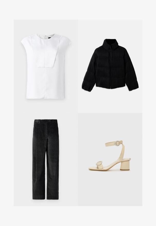 Juodas pūkinis švarkas su trumpa siluetu, turintis aukštą apykaklę, užtrauktuką ir vertikalią briaunotą tekstūrą. Minkšta medžiaga.; Balta trumpų rankovių bluzelė su apvalia iškirpte ir stačiakampiu priekiniu panele, pateikta ant vientiso fono.; Juodos, tekstūruotos plačios kelnės su išreikšta audimo struktūra, turinčios priekinę klostę ir plokščią juosmenį. Klasikinis dizainas, skirtas universalumui.; Šviesiai rudos spalvos aukštakulniai šlepetės minimalistiniu dizainu, su dviem apvaliais akcentais ir masyviu kulnu. Pagamintos iš lygaus odos.