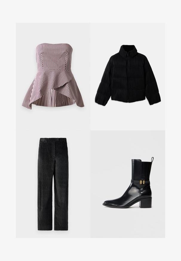 Black puffer jacket with a cropped silhouette, featuring a high collar, zip closure, and vertical ribbed texture. Soft fabric.; Strapless peplum top in dark red and cream stripes, featuring a fitted bodice and a flared, layered hem for added texture.; Black, textured wide-leg trousers with a pronounced weave, featuring front pleats and a flat waistband. Classic design for versatility.; Black leather ankle boot with a mid-height block heel, side strap with gold-tone buckle, and pull tab at the back.