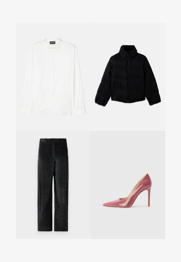 Črna puhovka s skrajšano silhueto, ki ima visok ovratnik, zadrgo in vertikalno rebrasto teksturo. Mehka tkanina.; Bela srajca z dolgimi rokavi iz gladkega materiala, s klasičnim ovratnikom, gumbom spredaj in preprostimi manšetami ter čistim, minimalističnim dizajnom.; Črne široke hlače z teksturo in izrazitim tkanjem, ki imajo sprednje gubice in ravno pasnico. Klasičen dizajn za večnamenskost.; Rožnate lakirane visokotlačne čevlje s koničastim nosom in elegantno silhueto, ki vključujejo izrez in stolpičasto peto.