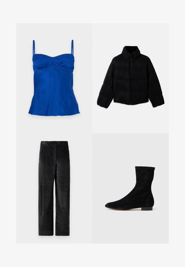 Black puffer jacket with a cropped silhouette, featuring a high collar, zip closure, and vertical ribbed texture. Soft fabric.; Satin blue camisole with adjustable straps, a gathered bustline, and a flared hem. Smooth texture with subtle stitching details.; Black, textured wide-leg trousers with a pronounced weave, featuring front pleats and a flat waistband. Classic design for versatility.; Black suede ankle boot with a fitted shaft, pointed toe, and a low block heel. Smooth texture and minimalistic design, suitable for versatile styling.