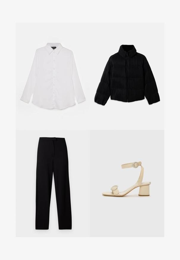 Sort boblejakke med en cropped silhuet, der har en høj krave, lynlås-lukning og lodret ribbet tekstur. Blødt stof.; Hvid langærmet skjorte med knaplukning foran, klassisk krave, glat tekstur, buet nedre kant og subtil glans.; Sorte bukser med brede ben lavet af blød, strækbar stof. Har en glat talje og ingen synlige sømme eller lommer. Enkel og alsidig design.; Beige højhælede sandaler med et minimalistisk design, der har to cirkulære detaljer og en kraftig hæl. Fremstillet af glat læder.