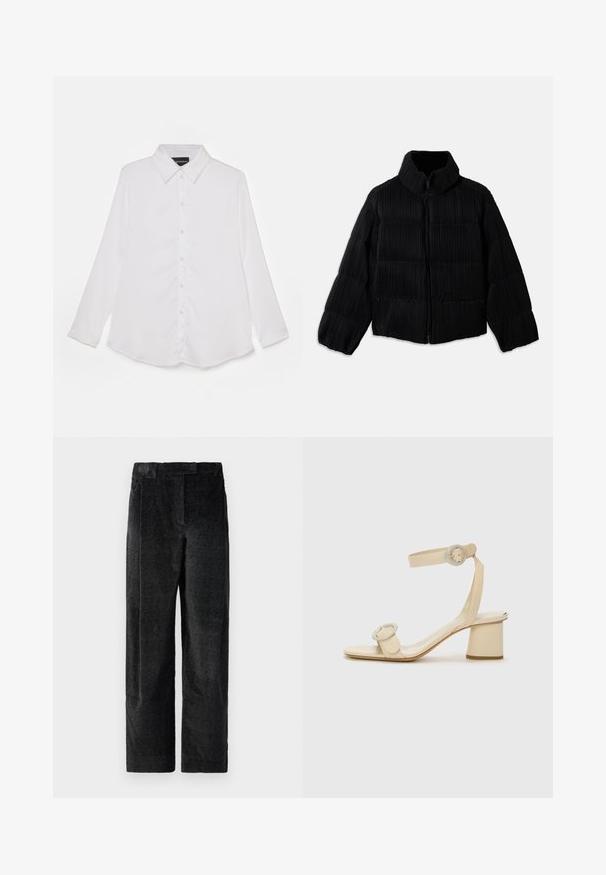 Sort boblejakke med en cropped silhuet, der har en høj krave, lynlås-lukning og lodret ribbet tekstur. Blødt stof.; Hvid langærmet skjorte med knaplukning foran, klassisk krave, glat tekstur, buet nedre kant og subtil glans.; Sorte, strukturerede bredbenede bukser med en markant vævning, der har forfrits og en flad talje. Klassisk design for alsidighed.; Beige højhælede sandaler med et minimalistisk design, der har to cirkulære detaljer og en kraftig hæl. Fremstillet af glat læder.