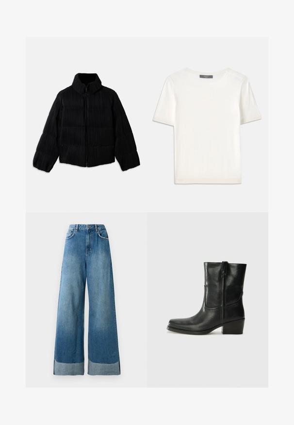 Mustmust musterniga, lühikese siluetiga, kõrge kaelusega, kett-luku ja vertikaalse ribakonstruktsiooniga. Pehme kangas.; Valge lühikeste varrukatega soonikutega viimistletud ringkaelusega kampsun, millel on sile tekstuur.; Kõrge vöökoht ja laiad sinised denim püksid esikottidega, nööbiga kinnitatavad ja nähtava pleekinud detailiga allääres.; Musta nahast pahkluu saabas ümarate varvastega, plokknäppu, külgsepa ja pealsetel õmblusest aktsentidega. Sile tekstuur, klassikaline disain.