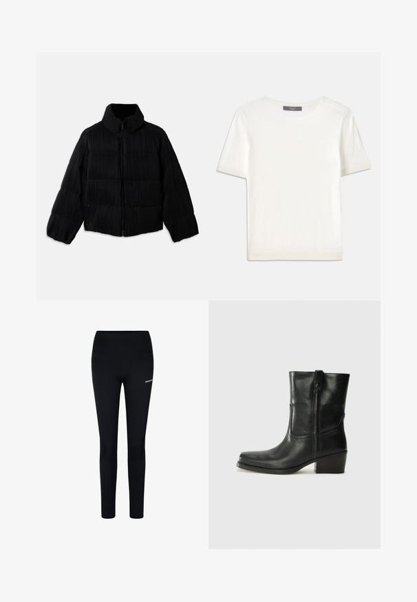 Czarna kurtka puchowa o krótkim fasonie, z wysokim kołnierzem, zapięciem na zamek i pionową prążkowaną teksturą. Miękka tkanina.; Biała krótki rękaw dzianinowa bluzka z okrągłym dekoltem, charakteryzująca się gładką teksturą i subtelnymi prążkowanymi akcentami na rękawach oraz u dołu.; Czarne legginsy wykonane z elastycznej tkaniny, z wysokim stanem i małym logo na lewej udzie, zaprojektowane z myślą o komforcie i swobodzie ruchów.; Czarne skórzane botki za kostkę z okrągłym noskiem, słupkowym obcasem, bocznym zamkiem i przeszyciami na cholewce. Gładka tekstura, klasyczny design.