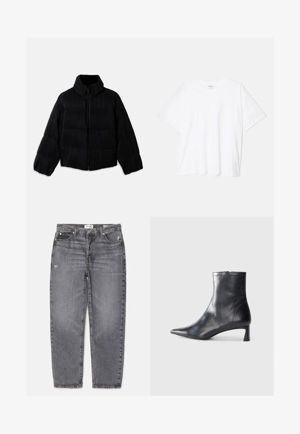 Mustapuffer takki, jossa on lyhyt siluetti, korkea kaulus, vetoketjukiinnitys ja pystysuuntainen ribbitekstuuri. Pehmeä kangas.; Valkoinen puuvillapaita lyhyillä hihoilla, pyöreällä pääntiellä, rentoa tyyliä ja ommeltu helma. Tunniste näkyvissä sisäkauluksessa.; Harmaat farkut suoran leikkauksen, haalistuneen pinnan, kevyen kulutuksen edessä ja klassisen viiden taskun suunnittelun kanssa.; Musta nahkainen nilkkabotti, jossa on teräväkärkinen muotoilu ja tyylikäs design. Varusteena matala korko ja takana vetoketjukiinnitys. Sileä pinta.