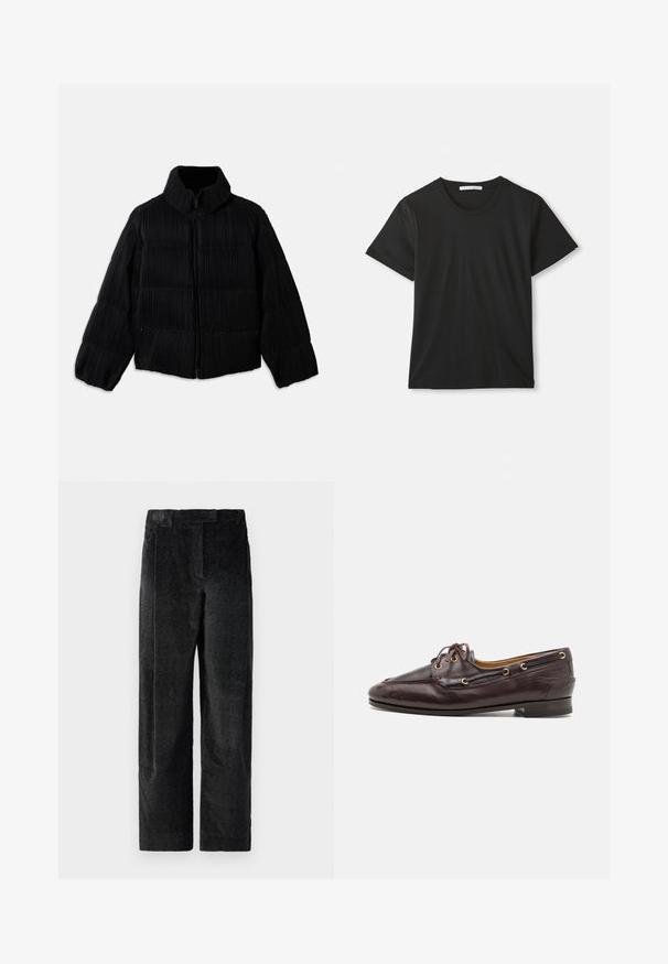 Veste en duvet noire avec une silhouette cintrée, dotée d'un col haut, d'une fermeture éclair et d'une texture côtelée verticale. Tissu doux.; T-shirt en coton noir à manches courtes et col ras du cou, posé à plat sur un fond blanc avec une étiquette de marque visible à l'intérieur du col.; Pantalons larges noirs texturés avec un tissage prononcé, dotés de plis à l'avant et d'une taille plate. Design classique pour la polyvalence.; Mocassins en cuir marron avec un design structuré, œillets dorés et lacets. Caractérisés par un petit talon et des coutures détaillées le long de l'empeigne.