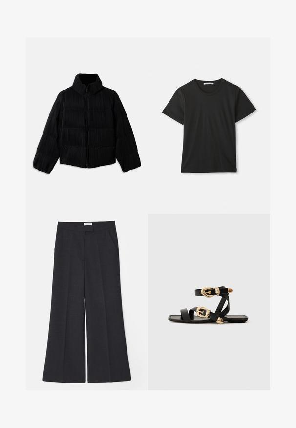 Melns pūkains jaka ar īsu siluetu, ar augstu apkakli, rāvējslēdzēja aizdari un vertikālu ribotu tekstūru. Mīksta auduma.; Melna īsām piedurknēm T-kreklā ar apaļu izgriezumu, kas izlikts uz baltas virsmas, ar redzamu zīmola etiķeti iekšpusē no apkakles.; Ogļu krāsas platās kāju bikses ar gludu tekstūru, priekšējiem krokām un sānu kabatām. Audumam ir smalks aušanas raksts.; Melni ādas sandales ar zelta sprādzēm, ar vairākām siksnām un plakanu zoli, piemērotas valkāšanai ar atvērtu purngala.