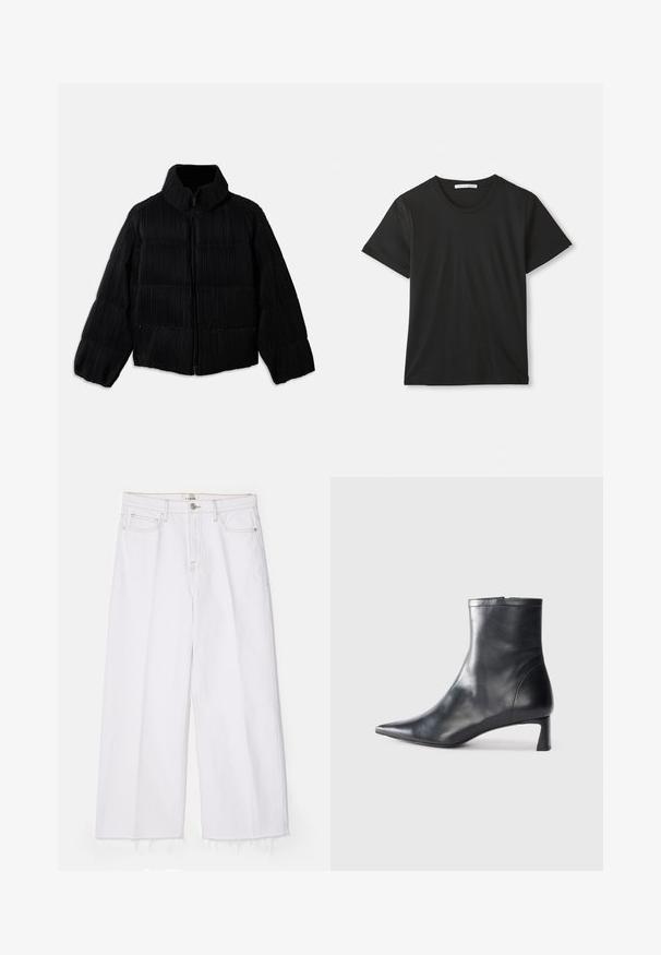Svart puffjacka med en kortad silhuett, featuring en hög krage, dragkedjestängning och vertikal ribbad textur. Mjuk tyg.; Svart kortärmad T-shirt med rund halsringning i bomull som ligger platt på vit bakgrund med synlig varumärkesetikett inuti kragen.; FRAME LE JANE WIDE CROP RAW FRAY - Jeans relaxed fit - au natural clean; Svart läder ankelboot med spetsig tå och en smidig design. Har en låg klack och en dragkedjestängning bak. Slät textur.