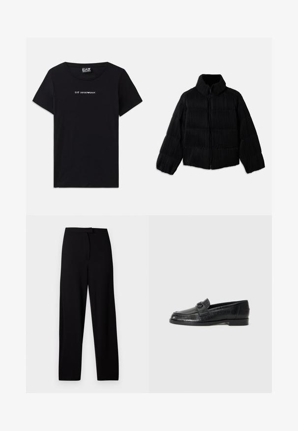Juodas pūkinis švarkas su trumpa siluetu, turintis aukštą apykaklę, užtrauktuką ir vertikalią briaunotą tekstūrą. Minkšta medžiaga.; Juodas trumpų rankovių marškinėliai iš medvilnės, su "EA7 Emporio Armani" logotipu baltomis raidėmis per krūtinę, apvaliu iškirpimu.; Juodos plačios kelnės, pagamintos iš minkštos, tamprios medžiagos. Turi lygią juosmenį ir nematomas siūles bei kišenes. Paprastas ir universalus dizainas.; Juodos odinės loafers tipo avalynės su lygia viršutine dalimi, iškilniu linijiniu raštu ir dekoratyvia užsegimu ant vampo. Žemas, stačiakampis kulnas.