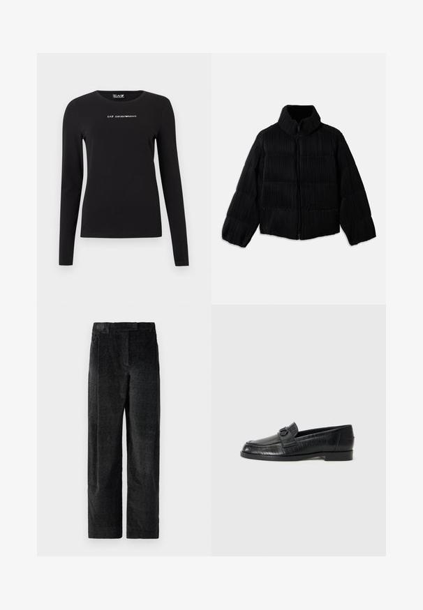 Black puffer jacket with a cropped silhouette, featuring a high collar, zip closure, and vertical ribbed texture. Soft fabric.; Black long-sleeve t-shirt made from cotton, featuring a round neckline and small white logo text on the chest. Smooth texture.; Black, textured wide-leg trousers with a pronounced weave, featuring front pleats and a flat waistband. Classic design for versatility.; Black leather loafers with a smooth upper, embossed linear pattern, and a decorative buckle accent on the vamp. Low, block heel.