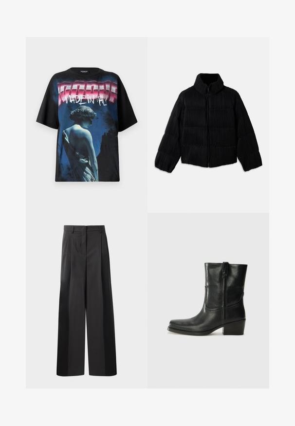 Zwarte pufferjack met een cropped silhouette, voorzien van een hoge kraag, ritssluiting en verticale geribbelde textuur. Zachte stof.; Zwarte oversized t-shirt met een grafische print van een standbeeld in blauwe tinten en vetgedrukte tekst "MADE IN ITALY" in roze en wit.; Zwarte wijde broek met hoge taille, met voorplooien, een gladde textuur en een nette afwerking. Ontworpen voor een ontspannen pasvorm.; Zwarte leren enkellaars met een ronde neus, blokhak, zijrits en stikselaccenten op de wreef. Gladde textuur, klassiek ontwerp.