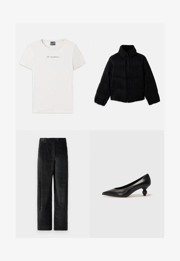 Melns pūkains jaka ar īsu siluetu, ar augstu apkakli, rāvējslēdzēja aizdari un vertikālu ribotu tekstūru. Mīksta auduma.; Balts kokvilnas T-krekls ar apaļu kakla izgriezumu un īsām piedurknēm. Uz krūtīm ir melns teksts "EA7 EMPORIO ARMANI".; Melnas, teksturētas platajās bikses ar izteiktu audumu, kas ietver priekšējos krokas un plakanu jostasvietu. Klasisks dizains daudzpusībai.; Melnas ādas augstpapēžu kurpes ar smailu purngalu un apaļu papēdi. Gluda tekstūra ar elegantu, minimālistisku dizainu.