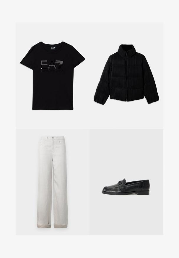 Casaco puffer preto com um silhueta corta, apresentando um colarinho alto, fecho de correr e textura canelada vertical. Tecido macio.; T-shirt de algodão preto com mangas curtas, apresentando o logótipo "EA7" em strass e o texto "EMPORIO ARMANI" em um design contrastante.; Calças de linho cinza claro com um corte relaxado, cinco bolsos, fecho de botão e punhos dobrados. Textura suave com um brilho subtil.; Mocassins de couro preto com um cabedal suave, padrão linear em relevo e um detalhe decorativo em fivela no peito do pé. Salto baixo e quadrado.