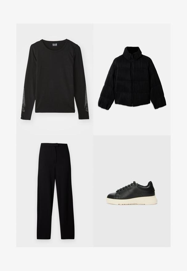Black puffer jacket with a cropped silhouette, featuring a high collar, zip closure, and vertical ribbed texture. Soft fabric.; Black long-sleeve shirt made of soft material, featuring a round neckline and silver embellishments along the sleeves in a gradient pattern.; Black wide-leg trousers made of soft, stretchy fabric. Features a smooth waistband and no visible seams or pockets. Simple and versatile design.; Black leather sneaker with a textured finish, featuring round toe, six black eyelets, and a white rubber sole with grooves.