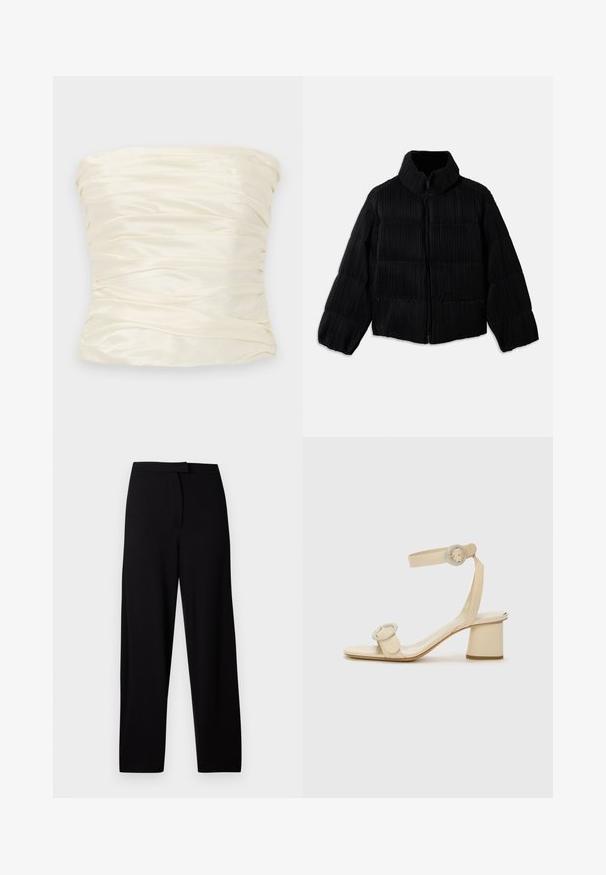Juodas pūkinis švarkas su trumpa siluetu, turintis aukštą apykaklę, užtrauktuką ir vertikalią briaunotą tekstūrą. Minkšta medžiaga.; Suknelė be petnešų iš ivory satino audinio, su raukšlėta tekstūra ir lygiu paviršiumi, plačia, struktūrizuota siluetu.; Juodos plačios kelnės, pagamintos iš minkštos, tamprios medžiagos. Turi lygią juosmenį ir nematomas siūles bei kišenes. Paprastas ir universalus dizainas.; Šviesiai rudos spalvos aukštakulniai šlepetės minimalistiniu dizainu, su dviem apvaliais akcentais ir masyviu kulnu. Pagamintos iš lygaus odos.