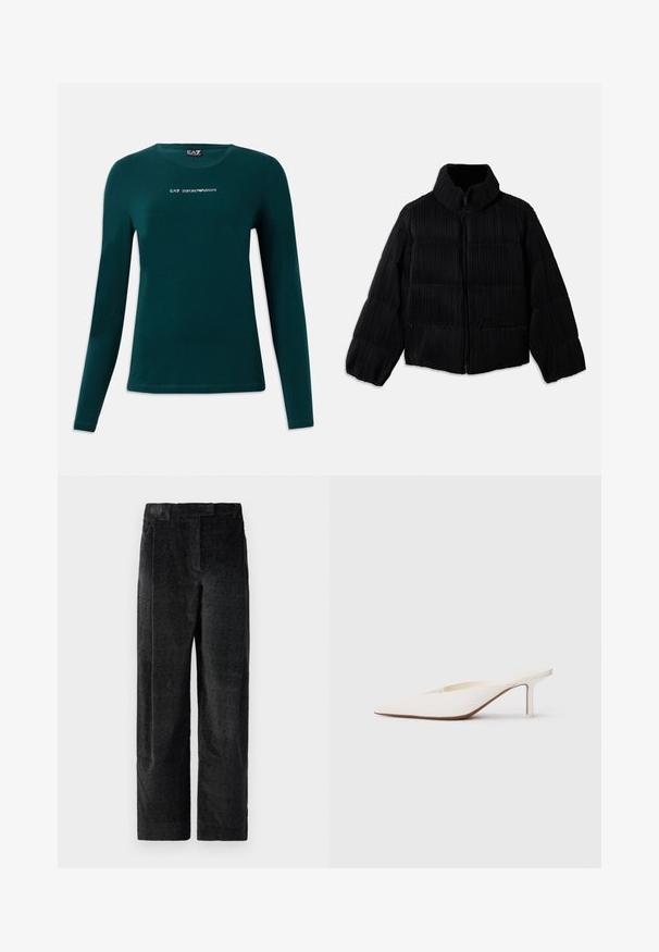 Juodas pūkinis švarkas su trumpa siluetu, turintis aukštą apykaklę, užtrauktuką ir vertikalią briaunotą tekstūrą. Minkšta medžiaga.; Tamsiai žalia ilgomis rankovėmis marškinėliai su apvalia iškirpte ir baltu "EA7 Emporio Armani" logotipu, kuris yra centre prie krūtinės, ant baltos fono.; Juodos, tekstūruotos plačios kelnės su išreikšta audimo struktūra, turinčios priekinę klostę ir plokščią juosmenį. Klasikinis dizainas, skirtas universalumui.; Smailas balti mules su smailiu priekiniu pasagų ir žemu aukštu kulnu. Pagaminti iš lygios medžiagos, minimalistinio dizaino su subtiliu smėlio spalvos pado akcentu.