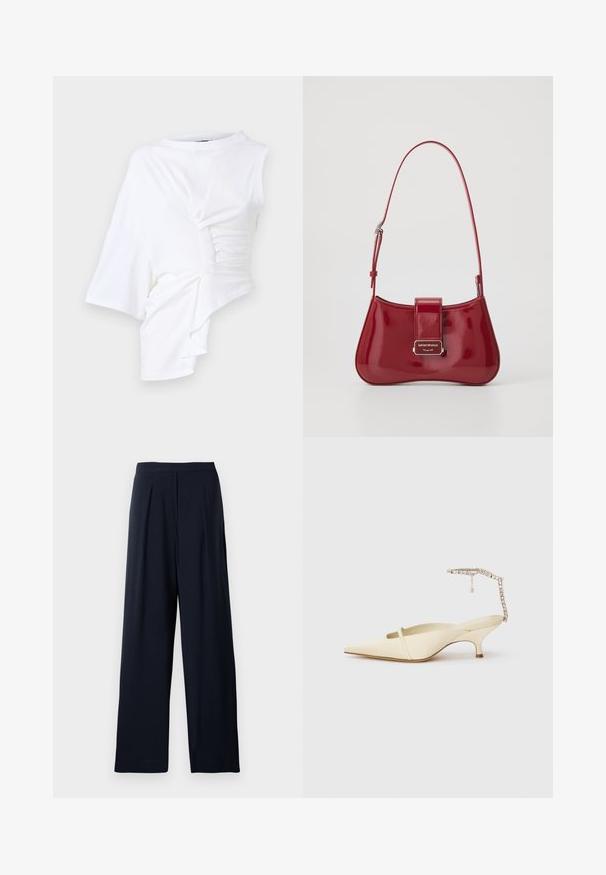 Mustmust musterniga, lühikese siluetiga, kõrge kaelusega, kett-luku ja vertikaalse ribakonstruktsiooniga. Pehme kangas.; Valge asümmeetriline ülemine osa lühikeste varrukatega, kus ühel küljel on kogunenud detailid ja ümar kaelus. Valmistatud pehmest, kergest kangast.; Tumed laiad püksid voldikutega, valmistatud pehmest kangast. Omab sujuvat vööd ning lihtsat disaini, mis sobib mitmekesisteks kandmisvõimalusteks.; Kreem värviga terava nina ja õhukese eesrihmaga slingback kontsad, millel on eheline pahkluu rihm valgel taustal.; Punane lakknahast käekott, millel on kumer kuju, klapi sulgemine ja hõbedane logoaksent. Kaasas reguleeritav õlavarre rihm.