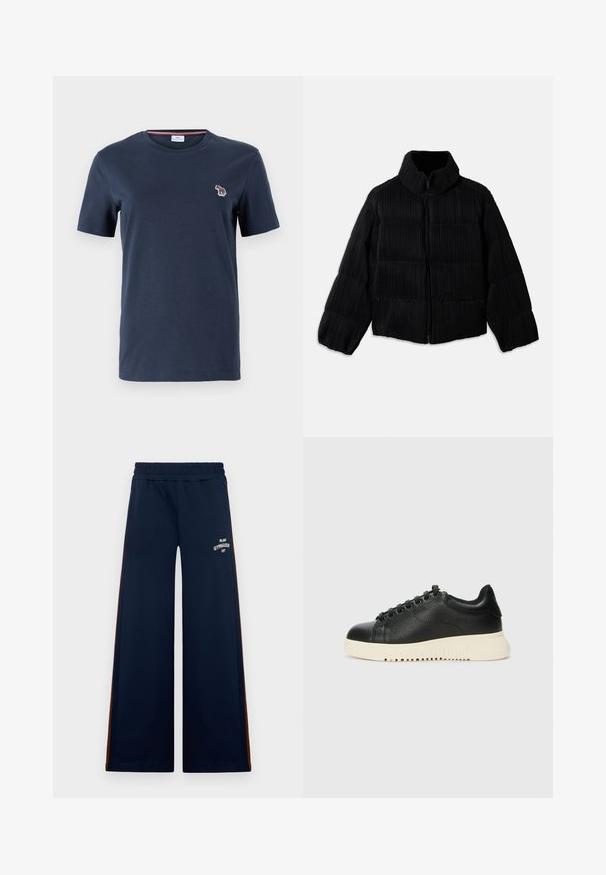 Juodas pūkinis švarkas su trumpa siluetu, turintis aukštą apykaklę, užtrauktuką ir vertikalią briaunotą tekstūrą. Minkšta medžiaga.; PS Paul Smith WOMENS ZEBRA - Paprasti marškinėliai - blue; Jūriniai plataus kojų sportiniai džinsai su elastinga juosta, turintys rudos spalvos šoninius akcentus ir baltą užrašą "Milano Gymnasium".; Juoda odinė kedai su tekstūruotu paviršiumi, turintys apvalų nosį, šešis juodus akinius ir baltą gumos padą su vagelėmis.