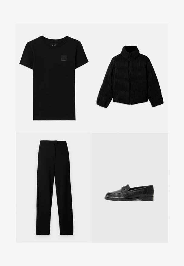 Black puffer jacket with a cropped silhouette, featuring a high collar, zip closure, and vertical ribbed texture. Soft fabric.; Black cotton t-shirt with a round neckline and short sleeves. Features a small rectangular logo tag on the front.; Black wide-leg trousers made of soft, stretchy fabric. Features a smooth waistband and no visible seams or pockets. Simple and versatile design.; Black leather loafers with a smooth upper, embossed linear pattern, and a decorative buckle accent on the vamp. Low, block heel.