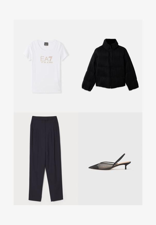 Črna puhovka s skrajšano silhueto, ki ima visok ovratnik, zadrgo in vertikalno rebrasto teksturo. Mehka tkanina.; Bela bomba majica iz bombaža s okroglo izrezom, ki na sredini spredaj vsebuje logotip "EA7 EMPORIO ARMANI" v zlato obarvanih krištalih.; Temno modri hlače iz mehkega materiala, z nabranimi detajli in ravnim krojem, s standardnim pasom in stranskimi žepi.; NEOUS IRENA - Klasične pete - black