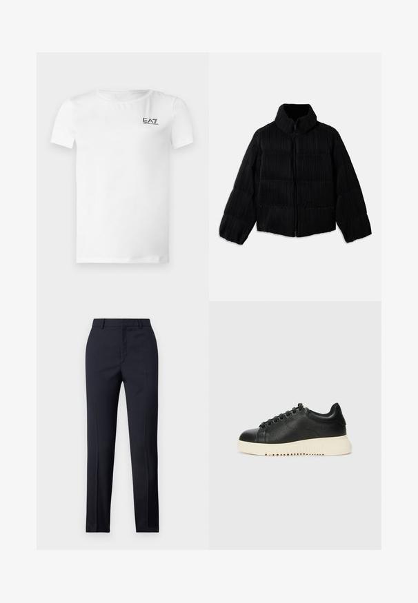 Čierna nafukovacia bunda s krátkym strihom, vybavená vysokým golierom, zipsovým zapínaním a vertikálnou ryhovanou textúrou. Mäkkučký materiál.; Biele tričko s krátkym rukávom z mäkkej látky, s čiernym vyšitým logom na ľavej hornej strane, okrúhlym výstrihom a rovný lem.; Námornícke nohavice s rovnými nohavicami, so hladkou textúrou, dvoma prednými vreckami a čistým pásom.; Čierne kožené tenisky s textúrovaným povrchom, okrúhlou špicou, šiestimi čiernymi očkami a bielou gumovou podrážkou s drážkami.