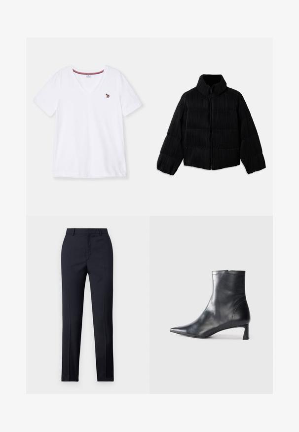 Zwarte pufferjack met een cropped silhouette, voorzien van een hoge kraag, ritssluiting en verticale geribbelde textuur. Zachte stof.; Witte V-hals T-shirt van katoen, met korte mouwen en een klein, kleurrijk geborduurd zebra-logo op de borst.; Marineblauwe, op maat gemaakte broek met een rechte snit, met een gladde textuur, twee zijzakken en een schone tailleband.; Zwarte leren enkellaars met een spitse neus en een slank ontwerp. Heeft een lage hak en een ritssluiting aan de achterkant. Gladde textuur.