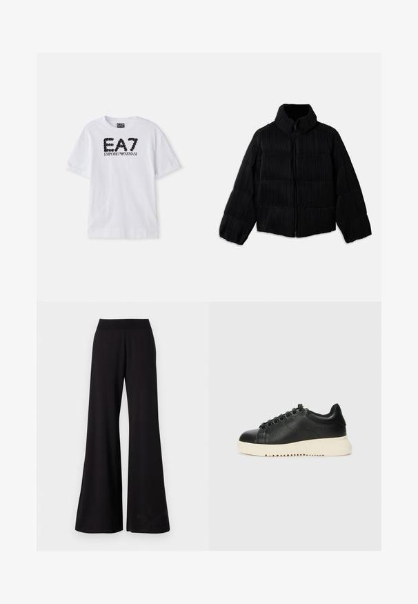 Melns pūkains jaka ar īsu siluetu, ar augstu apkakli, rāvējslēdzēja aizdari un vertikālu ribotu tekstūru. Mīksta auduma.; Balts kokvilnas T-krekls ar melnu pērļotu logotipu "EA7 EMPORIO ARMANI" priekšpusē, īsām piedurknēm un apaļu kakla izgriezumu.; Melnas platās bikses, kas izgatavotas no gludas auduma ar augstu, elastīgu jostasvietu. Bikses ir pilna garuma un tām ir vienkārša dizaina bez rakstiem.; Melnas ādas sporta kedas ar teksturētu apdari, apaļa purngala forma, seši melni acu caurumi un balta gumijas zole ar rievām.