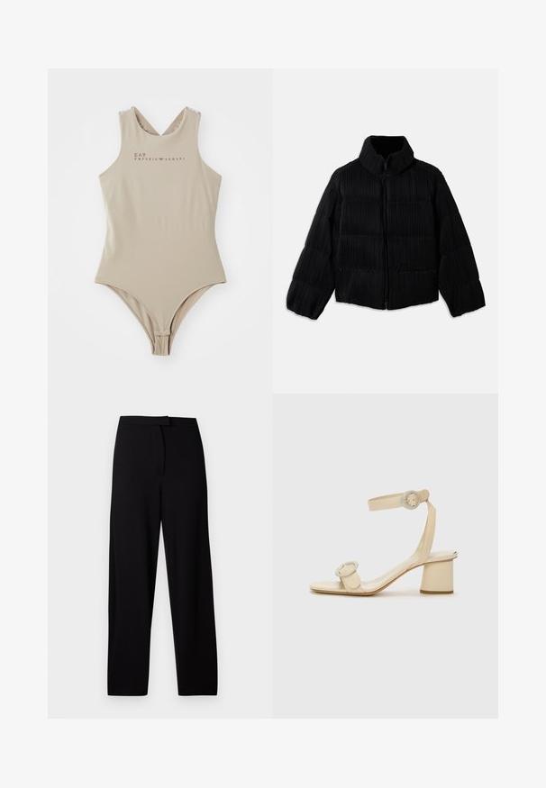 Giacca a vento nera con silhouette cropped, dotata di colletto alto, chiusura con zip e texture verticale a coste. Tessuto morbido.; Costume intero beige con scollatura alta, design incrociato sulla schiena e logo EA7 Emporio Armani marrone sul petto. Texture liscia.; Pantaloni neri a gamba larga realizzati in un tessuto morbido e elastico. Presentano una vita liscia e senza cuciture o tasche visibili. Design semplice e versatile.; Sandali con tacco alto beige dal design minimalista, caratterizzati da due accenti circolari e un tacco spesso. Realizzati in pelle liscia.