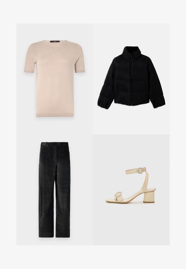 Mustapuffer takki, jossa on lyhyt siluetti, korkea kaulus, vetoketjukiinnitys ja pystysuuntainen ribbitekstuuri. Pehmeä kangas.; Lyhythihainen beige neulepaita, jossa on pyöreä pääntie. Paita erottuu sileällä pinnalla ja ribbaamalla viimeistellyllä helmalla. Yksinkertainen ja klassinen muotoilu, joka sopii täydellisesti kerrospukeutumiseen.; Mustat, teksturoidut leveät housut, joissa on voimakas kudonta, etupleatit ja litteä vyötärö. Klassinen muotoilu monipuolisuutta varten.; Beige korkeakorkoiset sandaalit minimalistisella designilla, joissa on kaksi pyöreää yksityiskohtaa ja paksu korko. Valmistettu sileästä nahasta.