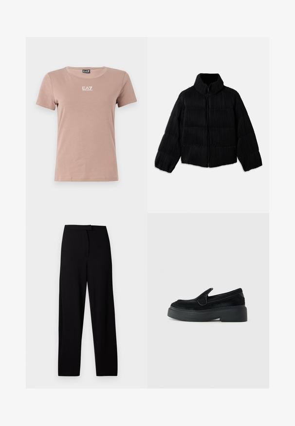 Fekete puffertakó rövidített siluettal, magas gallérral, cipzáros záródással és függőleges bordázott textúrával. Puha anyag.; Világos rózsaszín pamut póló rövid ujjakkal, kerek nyakkivágással és fehér EA7 logóval a mellkason. Simának tűnő anyag és feszes szabás.; Fekete, bő szárú nadrág puha, rugalmas anyagból. Simaság jellemzi a derékrészt, nincsenek látható varrások vagy zsebek. Egyszerű és sokoldalú dizájn.; Fekete slip-on mokaszin vastag talppal, alacsony sarokkal és texturált felső résszel egy sima fehér háttér előtt.